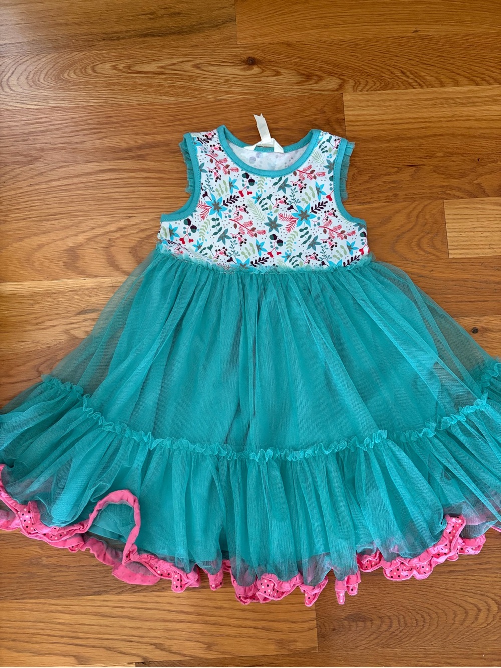 Matilda Jane Teal Tulle Dress with Floral Bodice and Pink Trim